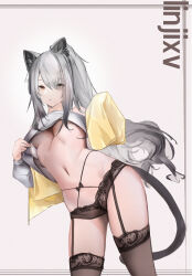 1girl absurdres animal_ears arknights black_tail breasts brown_panties brown_thighhighs clothes_lift commentary cowboy_shot eyes_visible_through_hair garter_belt grey_background grey_hair grey_shirt hair_between_eyes highres lace lace-trimmed_panties lace_trim lifting_own_clothes long_hair long_sleeves looking_at_viewer medium_breasts navel panties schwarz_(arknights) shirt shirt_lift simple_background sketch solo standing tail thighhighs underwear watermark yellow_eyes zhi_huai