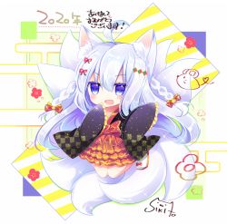Rule 34 | 1girl, 2020, :d, ahoge, animal ear fluff, animal ears, black kimono, blue eyes, boots, bow, braid, commentary request, egasumi, fox ears, fox girl, fox tail, frilled sleeves, frills, hair bow, hair ribbon, japanese clothes, kimono, kitsune, kyuubi, long hair, long sleeves, looking at viewer, multiple tails, open mouth, original, red bow, red ribbon, ribbon, shikito (yawa0w0), signature, silver hair, sleeves past fingers, sleeves past wrists, smile, solo, tail, translation request, twin braids, very long hair, white footwear, wide sleeves