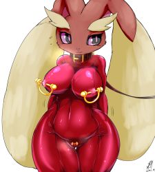 Rule 34 | 1girl, :3, animal ears, arms behind back, artist name, black eyes, blush, bodysuit, breasts, breath, clitoris piercing, closed mouth, clothed pokemon, collar, colored sclera, cottontail, covered collarbone, covered erect nipples, covered navel, creatures (company), dated, erect clitoris, female focus, flying sweatdrops, furry, furry female, game freak, gen 4 pokemon, highres, large breasts, leash, light blush, looking away, looking to the side, lopunny, nintendo, nipple piercing, piercing, piercing through clothes, pink sclera, pokemon, pokemon (creature), pussy piercing, rabbit ears, red bodysuit, shiny clothes, shy, signature, simple background, skin tight, smile, solo, thick thighs, thighs, white background, wide hips