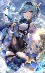 Rule 34 | 1girl, blue gloves, blue hair, blue necktie, blue thighhighs, blush, bodystocking, breasts, claymore (sword), clothing cutout, commentary request, cowboy shot, eula (genshin impact), genshin impact, gloves, greatsword, hair between eyes, hairband, hand up, highres, ice, long hair, long sleeves, looking at viewer, medium breasts, mountain, necktie, outdoors, shirt, shoulder cutout, snow, solo, standing, sword, tenton (henatyo), thighhighs, vision (genshin impact), weapon, white shirt, wide sleeves, yellow eyes