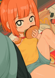 Rule 34 | 1boy, 1girl, blue shorts, blush, burger, chicken nuggets, commentary request, cup, daughter (yoru mac), disposable cup, eating, father (yoru mac), food, french fries, green eyes, highres, holding, holding food, knee up, mcdonald&#039;s, mcdonald&#039;s dad, orange hair, paid reward available, shirt, short hair, short shorts, shorts, sitting, solo focus, surio, white sleeves, yellow shirt, yoru mac