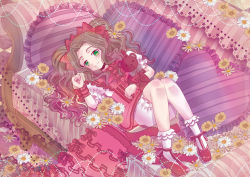 Rule 34 | 10s, 1girl, bloomers, bow, brown hair, couch, dress, flower, frilled pillow, frills, full body, green eyes, hair bow, idolmaster, idolmaster cinderella girls, indoors, kusakabe wakaba, long hair, looking at viewer, lying, on back, on couch, pillow, red bow, red dress, red footwear, shiratamako (ysteeeem), shoes, skirt, unworn skirt, smile, socks, solo, stuffed animal, stuffed toy, teddy bear, underwear, white socks