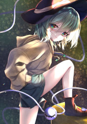 Rule 34 | 1girl, absurdres, adapted costume, blurry, bokeh, boots, depth of field, dfra, expressionless, eyeball, foot out of frame, from side, green eyes, green hair, green skirt, hair between eyes, hat, heart, heart-shaped pupils, highres, hood, hoodie, huge filesize, komeiji koishi, leg up, looking at viewer, looking back, short hair, skirt, solo, sweater, symbol-shaped pupils, third eye, touhou, yellow sweater