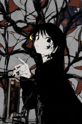 Rule 34 | 1girl, 7ife, black eyes, black hair, branch, closed mouth, commentary, english commentary, grey background, hand up, highres, long hair, long sleeves, looking at viewer, original, solo, tree, upper body