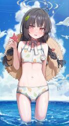 Rule 34 | 1girl, absurdres, arm behind back, bare arms, bikini, bird, black hair, blue archive, blue sky, blush, braid, cloud, collarbone, commentary request, day, flat chest, gluteal fold, hair ribbon, halo, hat, hat on back, highres, holding, horizon, icetea774, leaf print, long hair, looking at viewer, miyu (blue archive), miyu (swimsuit) (blue archive), navel, ocean, outdoors, print bikini, red eyes, ribbon, seagull, sky, solo, standing, starfish, sun hat, swimsuit, twin braids, wading, wavy mouth, wet, white bikini
