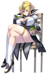 Rule 34 | 1girl, blonde hair, blue eyes, breasts, bridal gauntlets, chair, circlet, cleavage, commentary request, covered erect nipples, crossed legs, elf, forehead jewel, high heels, highres, huge breasts, kouno (masao), legs, long hair, looking at viewer, original, pointy ears, ponytail, pumps, revision, sitting, smile, solo, thigh strap, thighs