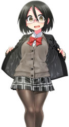 Rule 34 | 1girl, :d, black hair, black skirt, blazer, bow, brown eyes, cardigan, glasses, highres, jacket, long sleeves, looking at viewer, open jacket, open clothes, open jacket, open mouth, original, pantyhose, pleated skirt, red bow, school uniform, shirt, short hair, simple background, skirt, smile, solo, thighhighs, vest, white background, white shirt, white skirt, yamada yoshino, yoshida hideyuki
