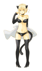 Rule 34 | 00s, 1girl, animal ears, bad id, bad pixiv id, bare shoulders, bell, bikini, bikini top only, black bikini, blonde hair, boots, breasts, cat ears, cat tail, clare (claymore), claymore (series), cleavage, collar, detached sleeves, elbow gloves, fish, gloves, grey eyes, high heel boots, high heels, latex, neck bell, pocopoco, shoes, short hair, simple background, solo, standing, swimsuit, tail, thigh boots, thighhighs