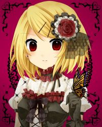 Rule 34 | 1girl, bad id, bad pixiv id, blonde hair, bow, bowtie, bug, butterfly, earrings, flower, gloves, hair ornament, hairclip, ichinose yukino, bug, jewelry, kagamine rin, red eyes, solo, vocaloid, yukinosetsu