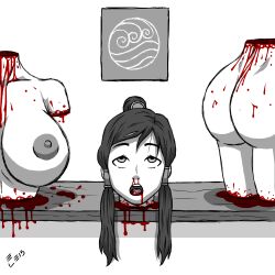 Rule 34 | 1girl, absurdres, ass, avatar legends, blood, blood from mouth, breasts, corpse, death, decapitation, ele ala ele, empty eyes, female focus, guro, highres, korra, large breasts, long hair, nipples, open mouth, severed head, severed torso, solo, the legend of korra