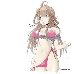 Rule 34 | 1girl, absurdres, ahoge, alternate costume, artist name, bra, breasts, brown hair, grey eyes, highres, kantai collection, kongou (kancolle), lingerie, long hair, looking at viewer, medium breasts, navel, panties, panty pull, pink bra, pink panties, side-tie panties, simple background, solo, tada (tactical tada), tongue, tongue out, underwear, underwear only, white background
