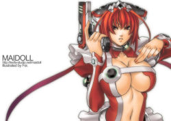 Rule 34 | abs, animal ears, breasts, cat ears, cleavage, fei (maidoll), frills, gloves, gun, large breasts, maid, original, red eyes, red hair, robot, short hair, solo, trigger discipline, underboob, uniform, weapon