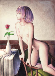 Rule 34 | 1girl, aqua eyes, armchair, ass, breasts, chair, flower, highres, kantai collection, looking away, millipen (medium), nipples, nude, open mouth, pink hair, red flower, rose, shiranui (kancolle), small breasts, solo, table, tesun (g noh), traditional media, watercolor pencil (medium)