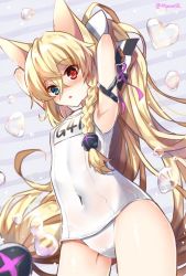 Rule 34 | adjusting hair, animal ears, armpits, arms up, blonde hair, blush, bow, braid, breasts, bubble, cat ears, character name, commentary request, cowboy shot, g41 (beach punk 2064) (girls&#039; frontline), g41 (girls&#039; frontline), girls&#039; frontline, hair between eyes, hair bow, hair ornament, heterochromia, long hair, looking at viewer, mauve, navel, official alternate costume, one-piece swimsuit, school uniform, side braid, single braid, small breasts, swimsuit, twitter username, very long hair, white one-piece swimsuit