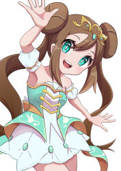 Rule 34 | 1girl, :d, absurdres, armpits, bare shoulders, blue eyes, brown hair, creatures (company), double bun, dress, game freak, hair bun, highres, long hair, looking at viewer, nintendo, official alternate costume, open mouth, pokemon, pokemon masters ex, rono (lethys), rosa (champion) (pokemon), rosa (pokemon), smile, solo, teeth, twintails, upper teeth only, white background, white dress