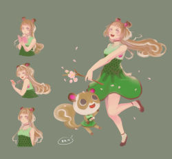 Rule 34 | 1girl, animal ears, book, brown eyes, brown hair, cherry blossoms, dango, animal crossing, dress, flower, food, green background, highres, long hair, march son, multicolored hair, nintendo, open mouth, personification, petals, solo, squirrel, squirrel ears, squirrel tail, sylvana (animal crossing), tail, teeth, two-tone hair, wagashi, white hair