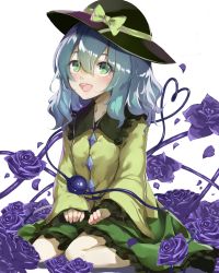 Rule 34 | 1girl, :d, black footwear, black hat, blouse, blue flower, blue hair, blue rose, breasts, commentary request, flower, frilled shirt collar, frilled skirt, frilled sleeves, frills, green eyes, green skirt, hair between eyes, hands on lap, hat, hat ribbon, heart, heart of string, highres, komeiji koishi, looking at viewer, medium hair, open mouth, piyodesu, ribbon, rose, shirt, simple background, sitting, skirt, sleeves past wrists, small breasts, smile, solo, teeth, third eye, touhou, upper teeth only, wariza, white background, yellow shirt
