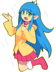 Rule 34 | 1girl, arms up, blue hair, boots, copyright request, fang, green eyes, holding, holding microphone, hood, hood down, horns, long hair, metata, microphone, open mouth, outline, pink footwear, pink skirt, pleated skirt, pointy ears, raincoat, shadow, sidelocks, single horn, skirt, smile, solo, very long hair, white background, white horns, yellow outline