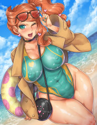 Rule 34 | 1girl, beach, blue sky, breasts, cloud, coat, competition swimsuit, covered erect nipples, creatures (company), curvy, eyelashes, eyeliner, feet out of frame, female focus, game freak, green eyes, hair ornament, heart, heart hair ornament, highleg, highleg swimsuit, highres, large breasts, long hair, looking at viewer, makeup, momofuki rio, nintendo, ocean, one-piece swimsuit, one eye closed, open clothes, open coat, open mouth, orange hair, outstretched arms, pokemon, pokemon swsh, sand, shiny skin, side ponytail, sky, solo, sonia (pokemon), standing, sunglasses on head, swimsuit, thick thighs, thighs, wide hips, wink