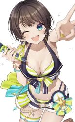 Rule 34 | 1girl, arm up, armpits, bare shoulders, belt, bikini, blue eyes, blue shorts, blush, breasts, brown hair, cleavage, collarbone, commentary request, cropped legs, highres, holding, holding microphone, hololive, hololive summer 2023 swimsuit, large breasts, looking at viewer, microphone, midriff, navel, official alternate costume, one eye closed, oozora subaru, open mouth, parted bangs, short hair, shorts, simple background, smile, solo, stomach, string bikini, striped bikini, striped clothes, swimsuit, teeth, thigh belt, thigh strap, tomboy, toramaru (toramal9831), upper teeth only, v, very short hair, virtual youtuber, white background, yellow bikini