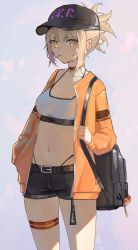 Rule 34 | 1girl, absurdres, alternate costume, bag, baseball cap, belt, black belt, black hat, black shorts, blonde hair, breasts, camisole, casual, choker, cleavage, commentary request, contemporary, cowboy shot, crop top, genshin impact, hat, highleg, highleg panties, highres, jacket, long sleeves, looking at viewer, lycsakd, medium breasts, midriff, mouth hold, navel, open clothes, open jacket, orange jacket, panties, ponytail, purple background, red choker, short hair, short shorts, shorts, sidelocks, solo, spaghetti strap, standing, stomach, thigh strap, thighs, underwear, yellow eyes, yoimiya (genshin impact)