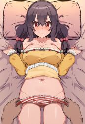 Rule 34 | 1boy, 1girl, absurdres, bare shoulders, bed sheet, blush, braid, breasts, cleavage, closed mouth, collarbone, covered erect nipples, crown braid, from above, groin, hair ribbon, highres, kono subarashii sekai ni shukufuku wo!, large breasts, long hair, long sleeves, lying, navel, off-shoulder shirt, off shoulder, on back, panties, panty pull, pillow, pov, pov hands, pulling another&#039;s clothes, red eyes, red panties, red ribbon, ribbon, sheet grab, shirt, solo focus, striped clothes, striped panties, tearing up, thighs, twintails, underwear, wavy mouth, white panties, yellow shirt, yunyun (konosuba), zerobarto