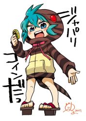 Rule 34 | 10s, 1girl, aqua hair, blue eyes, blush, brown skirt, coin, commentary request, full body, geta, holding, holding coin, hood, hoodie, japari coin, kemono friends, long sleeves, looking at viewer, miniskirt, neck ribbon, nobel (nobel827), open mouth, pink ribbon, ribbon, short hair, signature, simple background, skirt, snake tail, standing, striped clothes, striped hoodie, striped tail, tail, translation request, tsuchinoko (kemono friends)