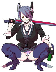 Rule 34 | 10s, 1girl, breasts, cleavage, eyepatch, fingerless gloves, gloves, grin, headgear, kantai collection, panties, partially fingerless gloves, personification, purple hair, short hair, smile, solo, spread legs, squatting, striped clothes, striped panties, sword, tenryuu (kancolle), thighhighs, underwear, weapon, yellow eyes, yurikawa