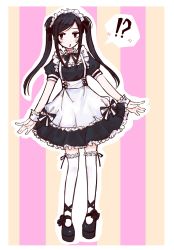 Rule 34 | !?, 1girl, absurdres, alternate costume, apron, blush, curtsey, frilled skirt, frills, highres, jill stingray, karasuda hidemi, long hair, maid, maid apron, maid headdress, shoes, skirt, solo, speech bubble, striped, striped background, thighhighs, twintails, va-11 hall-a, white thighhighs, wrist cuffs