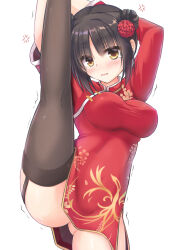 Rule 34 | 1girl, anger vein, angry, arms up, artist name, black hair, black thighhighs, blush, breasts, cafe stella to shinigami no chou, china dress, chinese clothes, commentary, cowboy shot, curvy, double bun, dress, earrings, embarrassed, eyes visible through hair, floral print, flower, garter straps, gluteal fold, hair bun, hair flower, hair ornament, highres, igarashi kenji, jewelry, large breasts, long sleeves, looking at viewer, mole, mole under eye, official alternate costume, official alternate hairstyle, open mouth, red dress, red flower, shiki natsume, shiny skin, short dress, simple background, solo, split, standing, standing on one leg, stud earrings, tears, thighhighs, thighs, trembling, wavy mouth, white background, yellow eyes