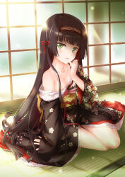 Rule 34 | 1girl, bare shoulders, bishoujo mangekyou, bishoujo mangekyou: kotowari to meikyuu no shoujo, bishoujo mangekyou (series), black hair, black kimono, blush, breasts, collarbone, commentary request, floral print, green eyes, hairband, highres, hime cut, indoors, japanese clothes, kimono, light smile, long hair, looking at viewer, off shoulder, parted lips, print kimono, renge (bishoujo mangekyou), second-party source, shida kazuhiro, shouji, sitting, sliding doors, small breasts, solo, sunlight, tatami, very long hair