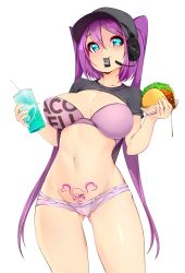 Rule 34 | 1girl, absurdres, bad id, bad twitter id, baseball cap, black hat, blue eyes, bra, breasts, cameltoe, cleft of venus, cowboy shot, cup, disposable cup, drinking straw, hair between eyes, hat, headset, highres, holding, holding cup, large breasts, long hair, looking at viewer, lowleg, micro shorts, mouth hold, navel, original, pubic tattoo, purple hair, short sleeves, shorts, simple background, slugbox, solo, taco, taco bell, tattoo, twintails, underwear, very long hair, white background