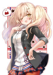 Rule 34 | 1girl, ;d, atlus, black jacket, blonde hair, blush, brown eyes, commentary request, cosplay, eyes visible through hair, hair ornament, hair over one eye, hairclip, hand up, highres, jacket, long hair, looking at viewer, motoi ayumu, nijisanji, nui sociere, one eye closed, open clothes, open jacket, open mouth, orange pantyhose, outline, pantyhose, persona, persona 5, plaid, plaid skirt, shuujin academy school uniform, skirt, smile, solo, star (symbol), takamaki anne, takamaki anne (cosplay), twintails, virtual youtuber, white background, white jacket, white outline