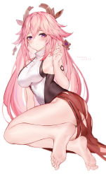 Rule 34 | 1girl, absurdres, ass, bare shoulders, barefoot, black leotard, breasts, closed mouth, commentary request, feet, full body, genshin impact, hair between eyes, hair flaps, hair ornament, hand up, highres, leotard, long hair, looking at viewer, medium breasts, pink hair, purple eyes, simple background, sitting, soles, solo, two-tone leotard, very long hair, white background, white leotard, xingren bu hao eat, yae miko
