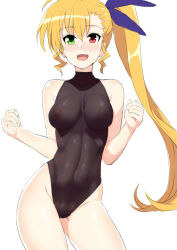 Rule 34 | 10s, 1girl, abs, blonde hair, blush, breasts, covered navel, green eyes, groin, heterochromia, leotard, long hair, looking at viewer, lyrical nanoha, mahou shoujo lyrical nanoha strikers, mahou shoujo lyrical nanoha vivid, medium breasts, navel, nipples, open mouth, red eyes, see-through, shin&#039;ya (shin&#039;yanchi), simple background, smile, solo, triangle heart, vivio, white background