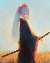 Rule 34 | 1girl, black kimono, blue hair, blue sky, closed mouth, commentary request, day, expressionless, field, from side, hair ornament, hakama, hakama skirt, highres, holding, holding sword, holding weapon, japanese clothes, katana, kimono, kisei2, long sleeves, looking at viewer, looking to the side, original, outdoors, ponytail, red eyes, skirt, sky, sleeves past fingers, sleeves past wrists, solo, standing, sword, weapon, wheat field, wide sleeves