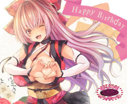 Rule 34 | 1girl, bow, breasts, commentary request, detached sleeves, fang, floral print, hair between eyes, hair bow, happy birthday, heart, heart hands, japanese clothes, kimono, large breasts, long hair, looking at viewer, maki (seventh heaven maxion), obi, one eye closed, open clothes, open mouth, original, pink hair, red eyes, sash, short kimono, skin fang, solo, upper body