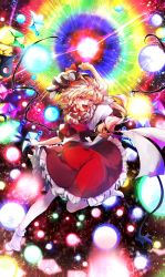 Rule 34 | 1girl, :d, ascot, blonde hair, calpis118, crystal, flandre scarlet, full body, hat, highres, laevatein (touhou), looking at viewer, mob cap, one side up, open mouth, puffy short sleeves, puffy sleeves, rainbow, red eyes, red skirt, red vest, shirt, short sleeves, skirt, smile, solo, spell card, touhou, vest, white hat, white legwear, white shirt, wings, yellow ascot