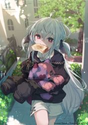 Rule 34 | 1girl, ahoge, black jacket, black ribbon, blue hair, blurry, blurry background, blush, bread slice, brigare, bush, city, collared shirt, commentary, copyright name, cowboy shot, day, food, food in mouth, hair ribbon, hugging doll, hugging object, jacket, long hair, long sleeves, looking at viewer, makihitsuji, mouth hold, outdoors, red eyes, ribbon, shirt, shorts, sleeves past fingers, sleeves past wrists, solo, standing, stuffed animal, stuffed toy, symbol-only commentary, toast, toast in mouth, tree, two side up, very long hair, walking, white shirt, white shorts, x x