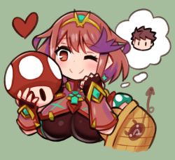 Rule 34 | 1boy, 1girl, black gloves, breasts, chest jewel, fingerless gloves, gloves, headpiece, large breasts, ma2acworks, mario (series), mushroom, nintendo, pyra (xenoblade), red eyes, red hair, rex (xenoblade), short hair, super mushroom, swept bangs, thought bubble, tiara, xenoblade chronicles (series), xenoblade chronicles 2