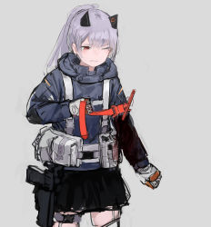 Rule 34 | 1girl, belt, belt pouch, black skirt, blood, blood on arm, clenched teeth, cowboy shot, girls&#039; frontline, gloves, grey background, grey hair, grey hoodie, gun, handgun, headgear, highres, hk33 (girls&#039; frontline), holstered, hood, hoodie, injury, load bearing vest, long hair, long sleeves, one eye closed, pistol, ponytail, pouch, rampart1028, red eyes, simple background, skirt, solo, tearing up, teeth, tourniquet, weapon, white gloves, wince