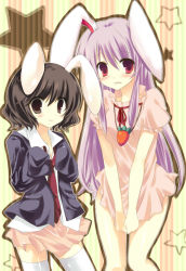 Rule 34 | 2girls, animal ears, bad id, bad pixiv id, black hair, cosplay, costume switch, covering privates, covering crotch, dress, female focus, inaba tewi, kinoko (hkn), knk, long hair, multiple girls, oversized clothes, purple hair, rabbit ears, reisen udongein inaba, short hair, skirt, skirt tug, socks, touhou, undersized clothes