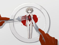 Rule 34 | 1boy, 1other, absurdres, androgynous, avogado6, barefoot, bleeding, blood, cannibalism, closed mouth, colored skin, commentary, completely nude, english commentary, fork, grey eyes, grey hair, guro, heart (organ), highres, holding, holding fork, holding knife, knife, medium hair, nude, original, plate, pov, pov hands, red skin, wide-eyed