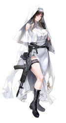 Rule 34 | 1girl, absurdres, belt, black belt, black footwear, black gloves, boots, breasts, brown hair, buttons, closed eyes, clothing cutout, combat boots, double-breasted, dress, full body, gloves, gold necklace, gradient hair, grey hair, gun, habit, highres, holding, holding gun, holding jewelry, holding necklace, holding weapon, jewelry, large breasts, multicolored hair, necklace, nun, original, parted lips, rifle, short hair with long locks, shoulder cutout, side slit, sidelocks, smile, solo, sowb, thigh strap, thighhighs, torn clothes, torn thighhighs, weapon, white dress
