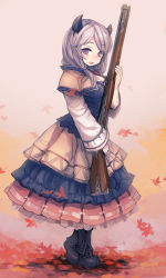 Rule 34 | 10s, 1girl, autumn leaves, bee (deadflow), blue dress, blush, boots, breasts, draph, dress, frilled skirt, frills, from side, full body, granblue fantasy, gun, holding, holding weapon, horns, kumuyu, large breasts, leaf, looking at viewer, low twintails, maple leaf, open mouth, parted bangs, pleated skirt, rifle, silver hair, skirt, solo, twintails, weapon, wide sleeves