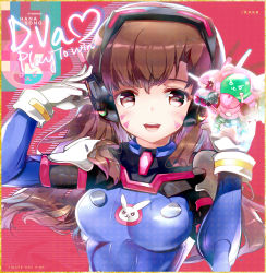 Rule 34 | 1girl, :d, animal print, blue bodysuit, bodysuit, border, breasts, brown eyes, brown hair, character name, cuffs, d.va (overwatch), english text, facepaint, facial mark, gloves, glowing, hand on headphones, headphones, heart, heco (mama), high collar, holding, long hair, looking at viewer, matching hair/eyes, mecha, medium breasts, meka (overwatch), model, open mouth, overwatch, overwatch 1, pilot suit, polka dot, rabbit print, red background, ribbed bodysuit, robot, shiny clothes, shoulder pads, signature, skin tight, smile, solo, striped, swept bangs, teeth, tongue, upper body, whisker markings, white gloves, yellow border, yellow eyes