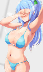 Rule 34 | 1girl, armpits, bang dream!, bikini, blue bikini, blue hair, blurry, blurry background, blush, bow, breasts, censored, cleavage, covered eyes, covering own eyes, cowboy shot, green bow, hair bow, heavy breathing, highres, identity censor, large breasts, long hair, matsubara kanon, navel, one side up, open mouth, owafu, selfie, sidelocks, skindentation, solo, standing, steaming body, stomach, strap gap, sweat, swimsuit