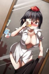Rule 34 | 1girl, black hair, blush, breasts, breath, camera phone, captain nagase, cellphone, collarbone, collared shirt, female pov, hat, highres, large breasts, mirror, nagase taii, open clothes, open shirt, phone, pom pom (clothes), pov, red eyes, reflection, selfie, shameimaru aya, shirt, short hair, smile, solo, thigh gap, tokin hat, touhou, undressing, white shirt