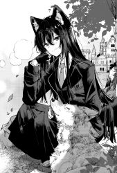 Rule 34 | 1girl, animal, animal ear fluff, animal ears, blush, building, closed mouth, collared shirt, commentary request, fingerless gloves, gloves, greyscale, hair between eyes, hand up, highres, jacket, long hair, long sleeves, looking at viewer, mito (go!go!king!), monochrome, necktie, original, shirt, skirt, smile, solo, squatting, tail, tower, tree, very long hair, wolf, wolf ears, wolf girl, wolf tail