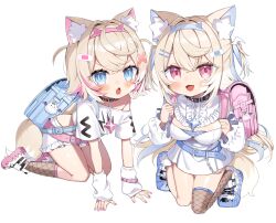 Rule 34 | 2girls, aged down, animal ear fluff, animal ears, backpack, bag, belt, belt collar, black collar, blue bag, blue belt, blue eyes, blue hair, blue nails, blush, collar, cropped shirt, dog ears, dog girl, dog tail, dress, fangs, fishnet thighhighs, fishnets, frilled shorts, frills, fuwawa abyssgard, fuwawa abyssgard (1st costume), hair ornament, hairpin, highres, hololive, hololive english, long hair, looking at viewer, mococo abyssgard, mococo abyssgard (1st costume), multicolored hair, multiple girls, nail polish, noi mine, open mouth, pink bag, pink belt, pink eyes, pink hair, pink nails, randoseru, shirt, shoes, short shorts, shorts, siblings, single fishnet legwear, sisters, skin fangs, smile, sneakers, spiked collar, spikes, streaked hair, tail, thighhighs, twins, two side up, virtual youtuber, white background, white dress, white footwear, white shirt, white shorts, x hair ornament